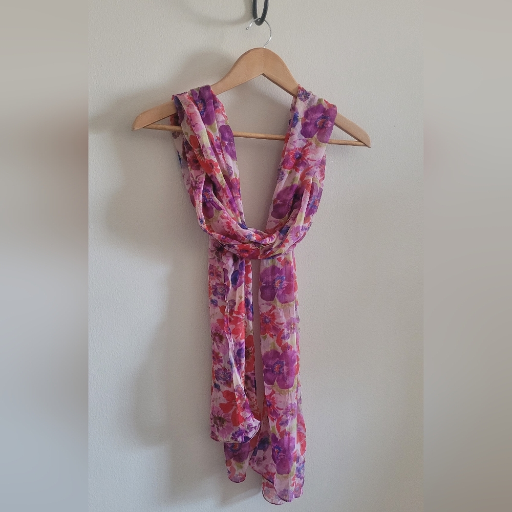 Vintage Girly Floral Gauzy Scarf, Pink Purple & Red